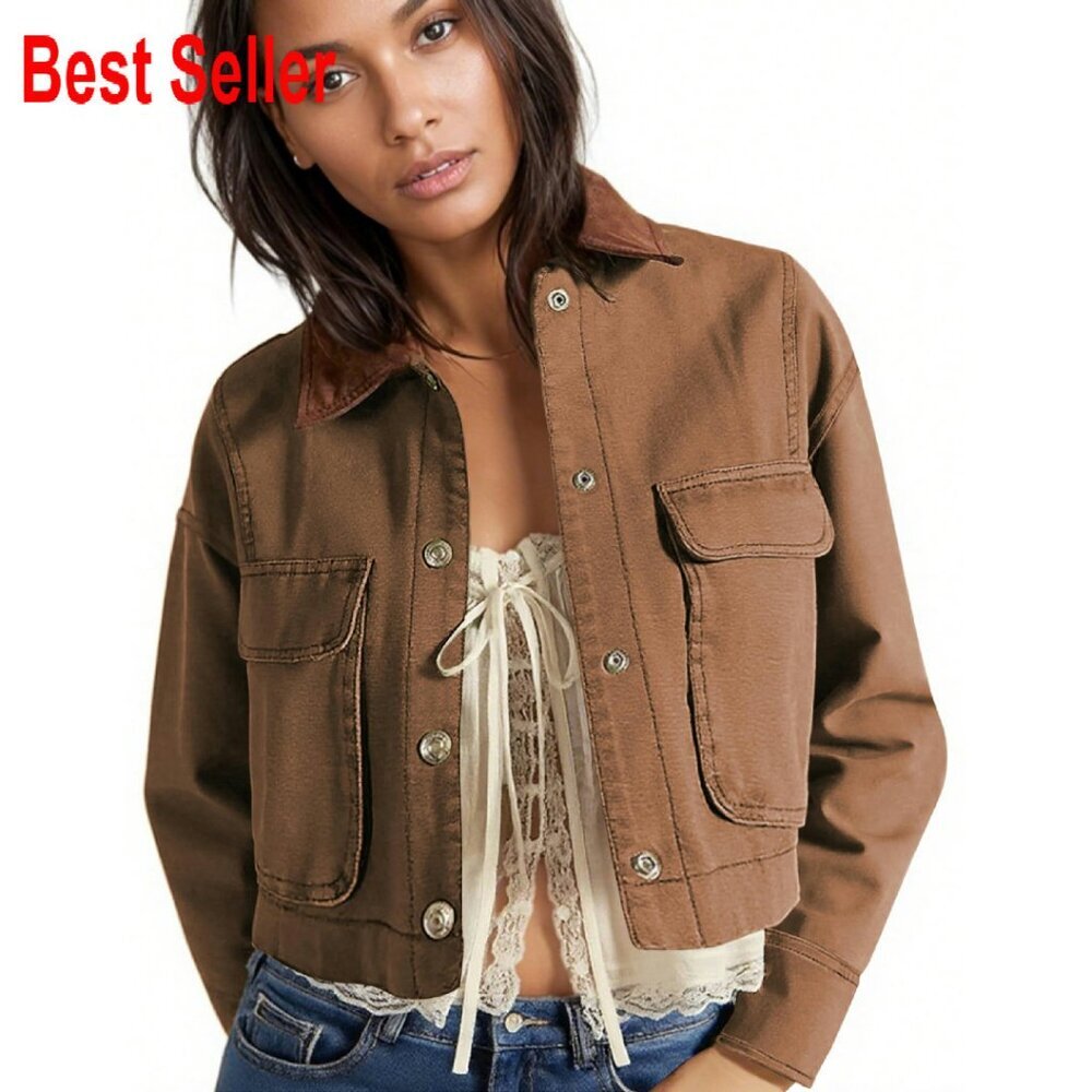 Cropped Barn Jacket Long Sleeve Cotton Cargo Utility Jacket Chic Trendy